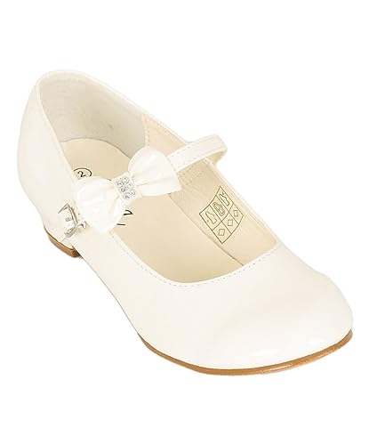 Girls' High Heel Patent Mary Jane Dress Shoes with Ankle Strap & Bow - Ideal for Weddings, Communion, Confirmation Events
