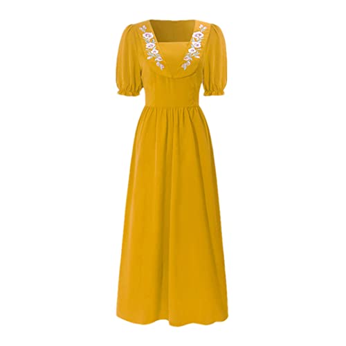 Robe de soirée décontractée longue brodée col carré avec motifs fleurs coloris jaune