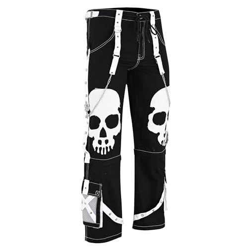 Gothic Punk Pants with Skull Design & Chain Straps – Black and White Alternative Fashion – 100% Cotton