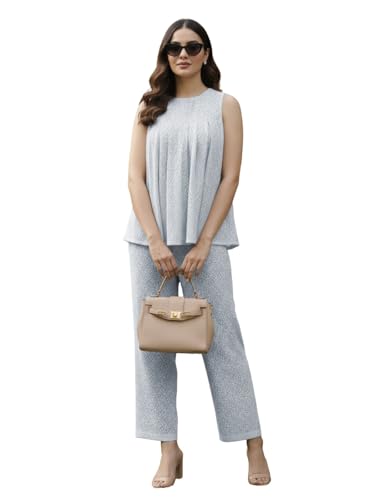 Image of GRECIILOOKS Co-Ord Set for Women stylish Solid| Jumpsuit For Women's Stylish | Dress | Travel | Sheer Cotton Textured Sleeveless Top And Straight Pants