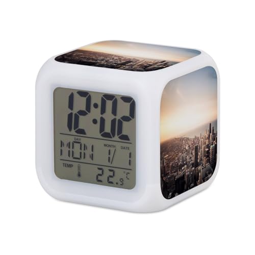 Fabulous Réveil Cube Lumineux Blanc - Leve de Soleil sur Chicago USA Ville Lac Michigan - 7,8 x 7,8 x 7,8 cm - Retro Éclairage Multicolore LED