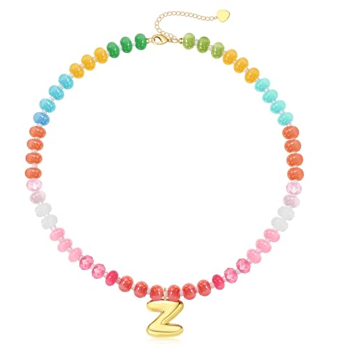 Initial Necklaces for Women, Beaded Necklaces for Women with Bubble Necklace Letter Stocking Stuffers for Teens Trendy Stuff Colorful Gemstone Choker 14k Gold Letter A-Z Pendant Summer Beach Christmas Birthday Jewelry for Her Girlfriend Sister