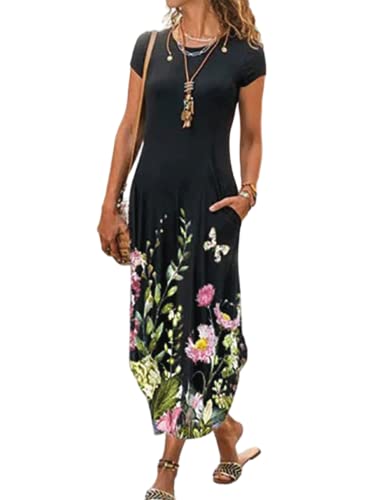 Image of Women Summer Casual Maxi Dress Floral Printed Loose Pockets Short Sleeve Split Boho Dresses