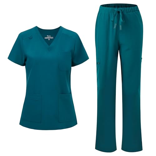 floralhue Scrubs for Women V-Neck Scrubs Top & Cargo Pants with 12 Pockets Yoga Waistband 4 Way Stretch Caribbean Blue S