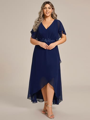 Image of Ever-Pretty Plus Women's V Neck Applique Plus Size Wedding Guest Dress Short Sleeves Maxi Formal Dresses