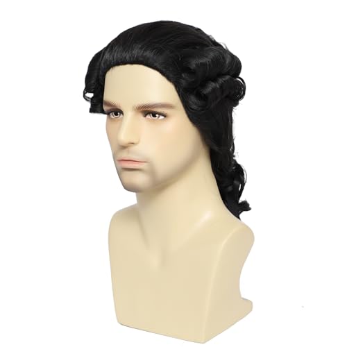 Image of Men's 18th Century Colonial Wig, Short Curly Judge Wig with Ponytail, Historical Costume Wig for Hamilton, Halloween, Theater and Cosplay (Black)
