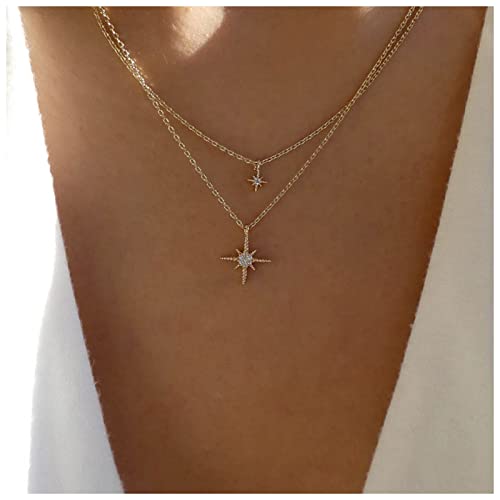 Iaceble XL-4-L474-1 Boho Layered Northstar Necklace Crystal North Star Pendant Necklace Cz Star Choker Necklace Gold Rhinestone Starburst Necklace Jewelry cover