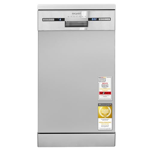 Exquisit Geschirrspüler | 9 Maßgedecke, Energieeffizienzklasse E, 49 dB(A) | schmal, kompakt, 7 Programme, Eco, Intensiv, Kurz, Extra-Trocknung, Startzeitverzögerung | GSP59309-030E silber