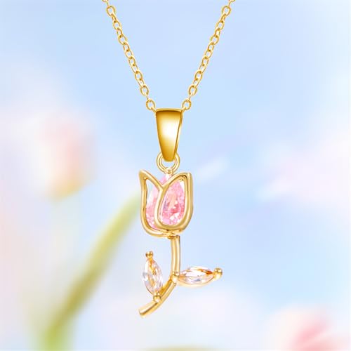 Image of coadipress Tulip Flower Pendant Necklace for Women Dainty Elegant Boho Temperament Crystal Tulip Necklace Trendy Statement Friendship Jewelry