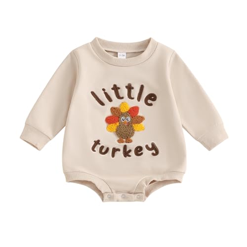 FYBITBO Newborn Thanksgiving Outfit Boy Girl Little Turkey Romper Bubble Sweatshirt Onesie Fall Thanksgiving Baby Clothes (Apricot 3-6 Months)