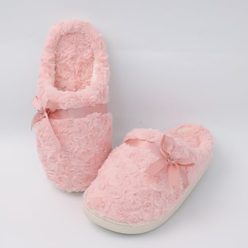 DCLTD Fluffy House Slippers for Women Flower Bedroom Shoes Cozy Warm Slip on Indoor and Outdoor Winter Shoes Super Soft Rose Slippers Christmas Gifts4