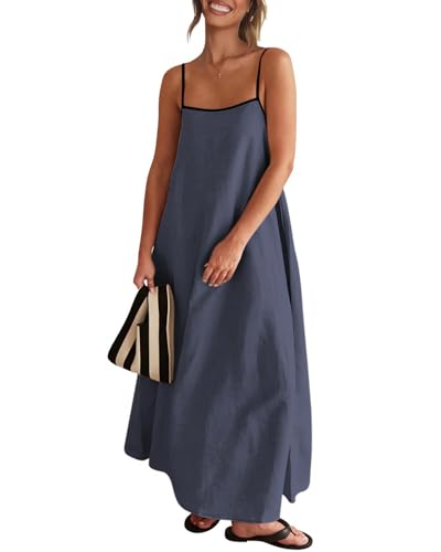 Image of Senllen Women's Linen Dress Summer Loose Flowy Sundress Contrast Spaghetti Strap Sleeveless Backless Beach Maxi Long Dresses