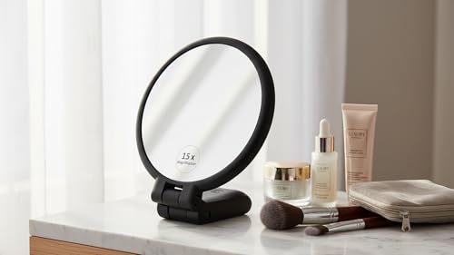 Image of 15X Folding Handheld Makeup Mirror | 23 x 13.5 x 2 cm | Double-Sided 1X /15X | Portable Travel & Purse Mirror | Multicolour Plastic Frame (1, Folding Round)
