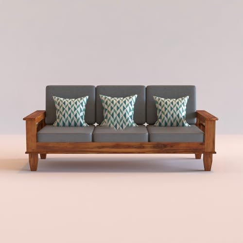 Image of Sheesham Wooden 3 Seater Sofa for Living Room | Rosewood 3 Seater Cushion Sofa with Side Newspaper Holder for Home & Office | Solid Wood Sofa Set for Lounge (-Honey Finish)