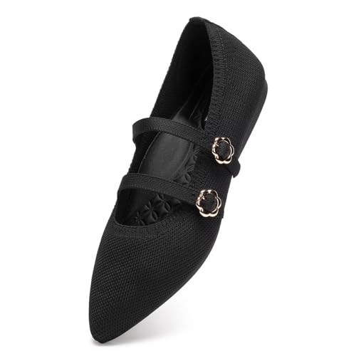 BEJINASH Women's Mary Jane Flat Dressy Knitted Shoes with Double Adjustable Strap Ballets Comfortable for Work Pointed Toe Flats Shoes for Women4