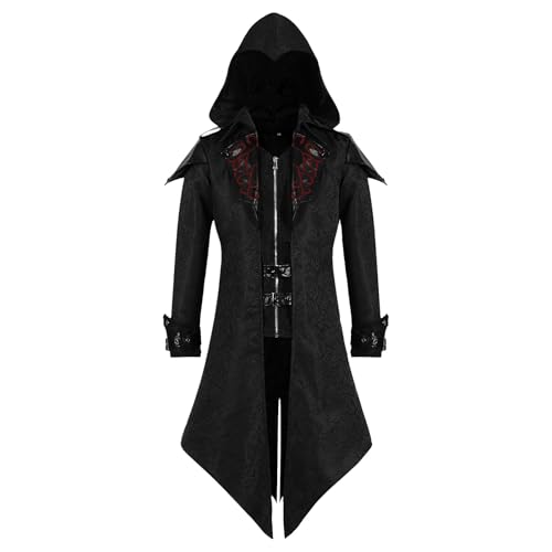 LLTTEER Mittelalterliche Steampunk Jacke mit Kapuze,Gothic Frack Herren Mantel,Mittelalter Mantel Herren Halloween Kostüm Renaissance Kleidung Vintage Frack Jacke (Schwarz,...