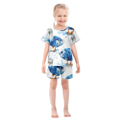 Pajama Short Sets Blue Ducks Walking Pattern Soft Cotton Summer Sleepwear 2 Piece PJS Size 5-14T4