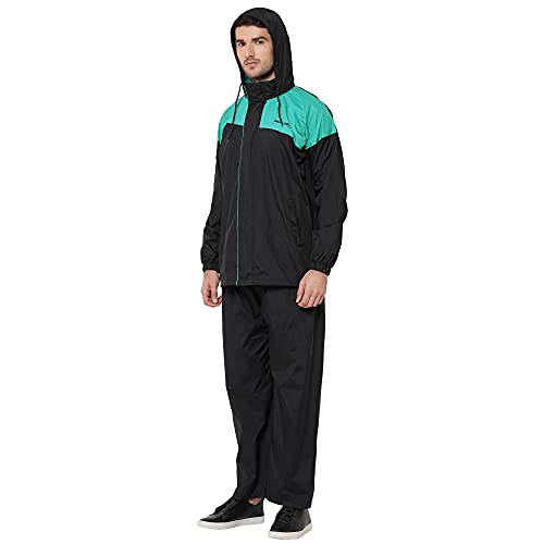 Image of Zeel Rain Coat for Men Waterproof for Bike Riders with Adjustable Hood and Pocket,Waterproof Raincoat with Polyester Jacket Pant and Carrying Pouch,AZ06 Black-Green XXL