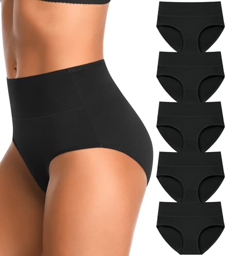 High Waisted Womens Underwear Cotton Tummy Control Postpartum Full Coverage Panties Stretch Briefs Black