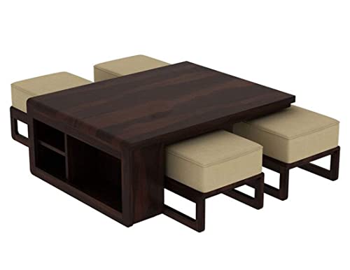 Image of Sheesham Wood Center Table for Living Room /Coffee Table with 4 Stools in Walnut Finish