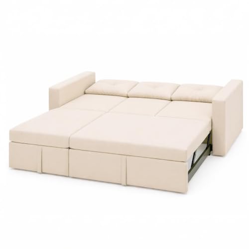 Image of FURNY Tira 4 Seater LHS Lounger Sofa Cum Bed (Cream) with Pull-Out Function | Luxury Velvet Suede Finish | Durable Comfort | Ideal for Living Room