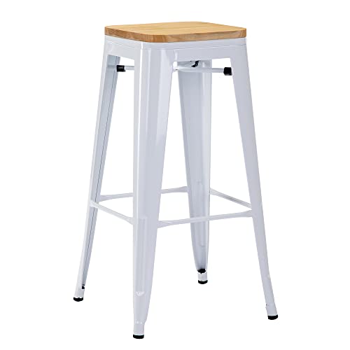 DUHOME Tabouret de Bar Industriel Chaise Salle à Manger Scandinavie Tabouret Empilables Siège Bistrot Cadre en Métal pour Cuisine Restaurants, Blanc + Bois