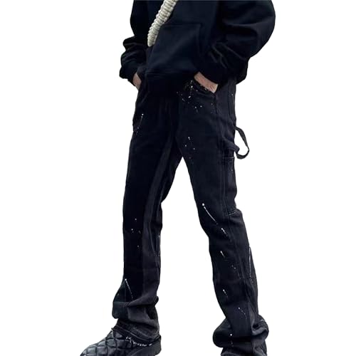 Men's Stacked Jean Flare Patch Ripped Stretch Rock Jean Distressed Destroyed Slim Fit Straight Leg Denim Pants