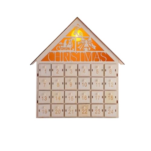 Calendario de cuenta regresiva de Navidad con luz de madera, casa de Adviento para decoración familiar de vacaciones, recargable, rústico de pueblo de Navidad con luz LED, cuenta regresiva festiva