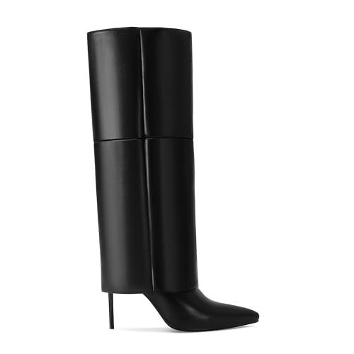 Knee High Boots for Women Fold Over Stiletto High Heel Tall Boots Pointed Toe Slip On Long Booties Fashion Comfortable Dress Shoes