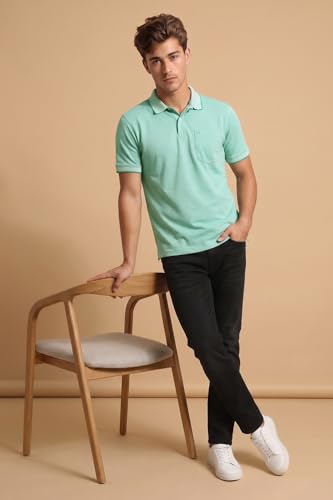Image of Peter England Men's Premium Regular Fit Half Sleeve Polo T-Shirt with Pocket | Cotton Rich | Birds Eye Interlock Weave