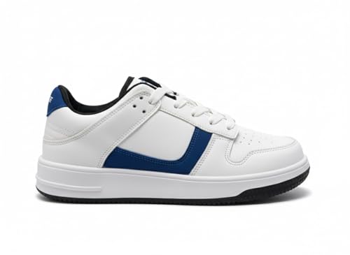 Image of Men's Athletic Sneakers, White with Navy Blue Accents, Memory Foam Insole, UK Size 7, Mid Top