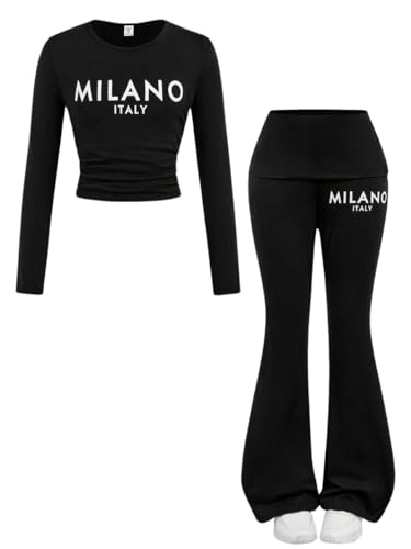 Image of OLMRJKD Girls 2 Piece Outfits Long Sleeve Letter Printed Sweatshirt & Flared Pants Fall Clothing Set Size 7-14 Years (9-10Y)