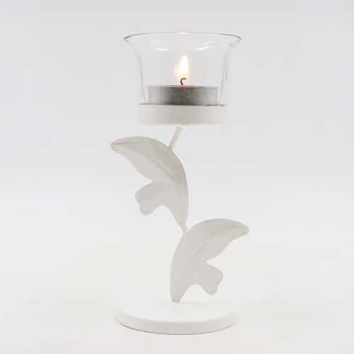 Image of Hosley White Leaves Decorative Tealight Holder (G66375)