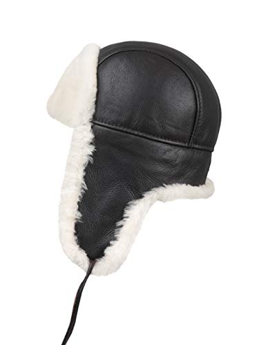 Image of Leather Aviator Shearling Ushanka Trapper Hat Russian Sheepskin Cap Real Fur Winter Hat with Ear Flaps for Men Women