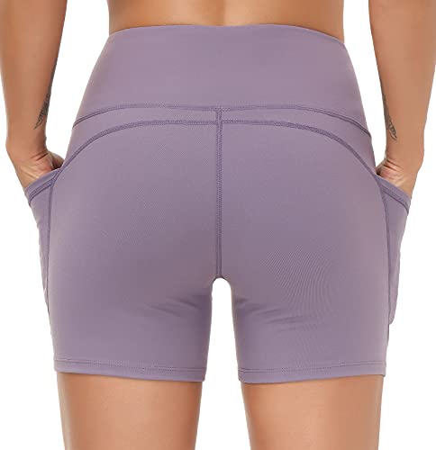Image of THE GYM PEOPLE High Waist Yoga Shorts for Women's Tummy Control Fitness Athletic Workout Running Shorts with Deep Pockets