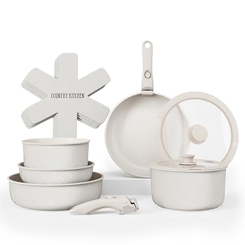 Country Kitchen Cookware Set with Removable Handle, Oven & RV Safe Pots and Pans Set, Cream Rhombus, Original