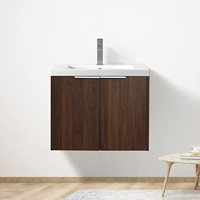 Maximize Bathroom Space with 24 Inch Floating Cabinet and Sink, Ample Storage with Soft Closing Doors, California Walnut
