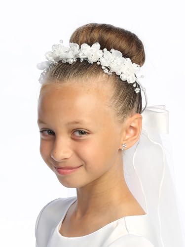 Swea Pea & Lilli Girls First Communion Veil - White Holy 1st Communion Headpiece with Headband and Flowers