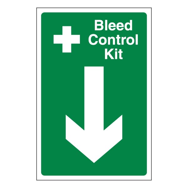 Bleedsave Bleed Control Kit Arrow Down 200 x 300mm - 2mm Rigid Plastic Safety Sign, Multi