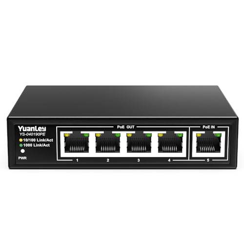 YuanLey 5 Port PoE Extender Gigabit with 4 PoE Out, 90W PoE in, IEEE 802.3af/at/bt Mini 5 Channel...