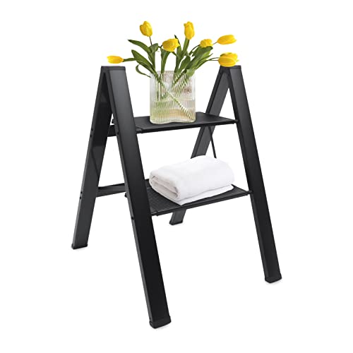2 Step Folding Ladder, Portable Stepping Stool, Folding Step Stool with Anti-Slip Sturdy and Wide Pedal, Multi-Use Lightweight Aluminuml Folding Step Stools for Home and Kitchen, 330 lbs Capacity