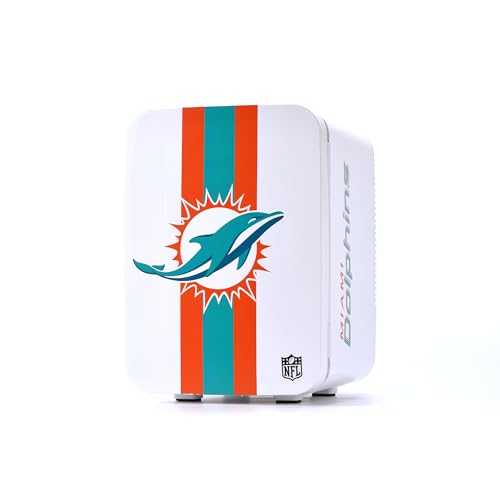 Image of Ukonic NFL Miami Dolphins 15-Can Mini Fridge 10L – AC/DC Powered, Official Team Colors & Logo, Portable Cooler for Tailgates, Home, Office, or Car