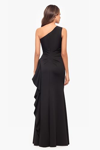 Xscape Women's One-Shoulder Gown with Cascading Ruffle Detail and Ruched Waist, Black, 12P2