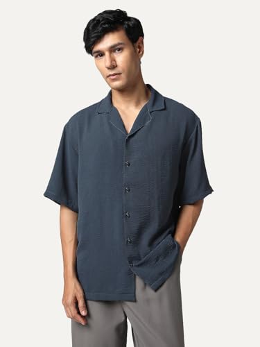 Image of Urbano Fashion Men's Cotton Half Sleeve Relaxed Fit Textured Shirt with Cuban Collar