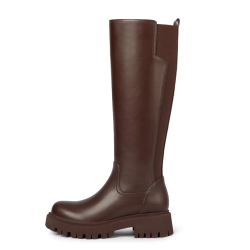 Image of TEAIEUI Womens Low Block Heel Platform Stretch Knee High Boots, Side Zipper | Comfortable Tall Boots, Stretch Calf, Round Toe, 1.81 inch Heel, Faux Leather, for Fall, Winter, Going out, Dress, Festival