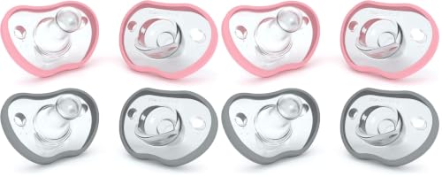 Image of Nanobebe Baby Pacifiers 0-3 Month - Orthodontic, Curves Comfortably with Face Contour, Award Winning for Breastfeeding Babies, 100% Silicone, Baby Registry Gift 4pk,Pink /Grey (Pack of 2)