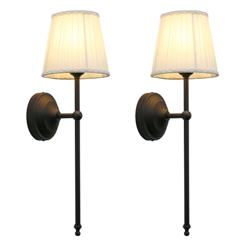 Image of Phansthy Hardwired Brass Boho Wall Sconces Set of 2, Vintage Industrial Wall Lights 2 Pack, Vanity Light Wall Lamps with Lace Gauze Shade for Bedroom Living Room Hallway Decor (Black + White Shade)