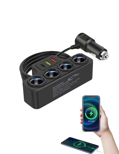 Multi-function Cigarette Lighter Splitter, Cell Phone Charger, Car Charger, 4 Cigarette Lighter Sockets, 1 PD Fast Charger Port 2-Port USB Power Adapter for Cell Phones, Tablets and Laptops