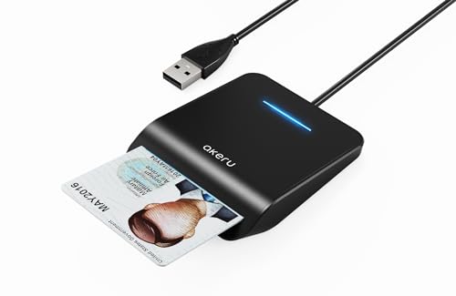 CAC Card Reader with LED Indicator, DOD Military Common Access, (5 feet Long Cable). Universal Compatibility, Compact PIV Smart Card Reader Compatible with Windows , Mac OS– Black AKERU [EAL-20]