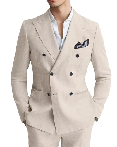 Retro 2 Piece Mens Linen Suit Slim Fit Double Breasted Beige Suits for Men Casual Beach Wedding Suit Tuxedo Jacket Pants L